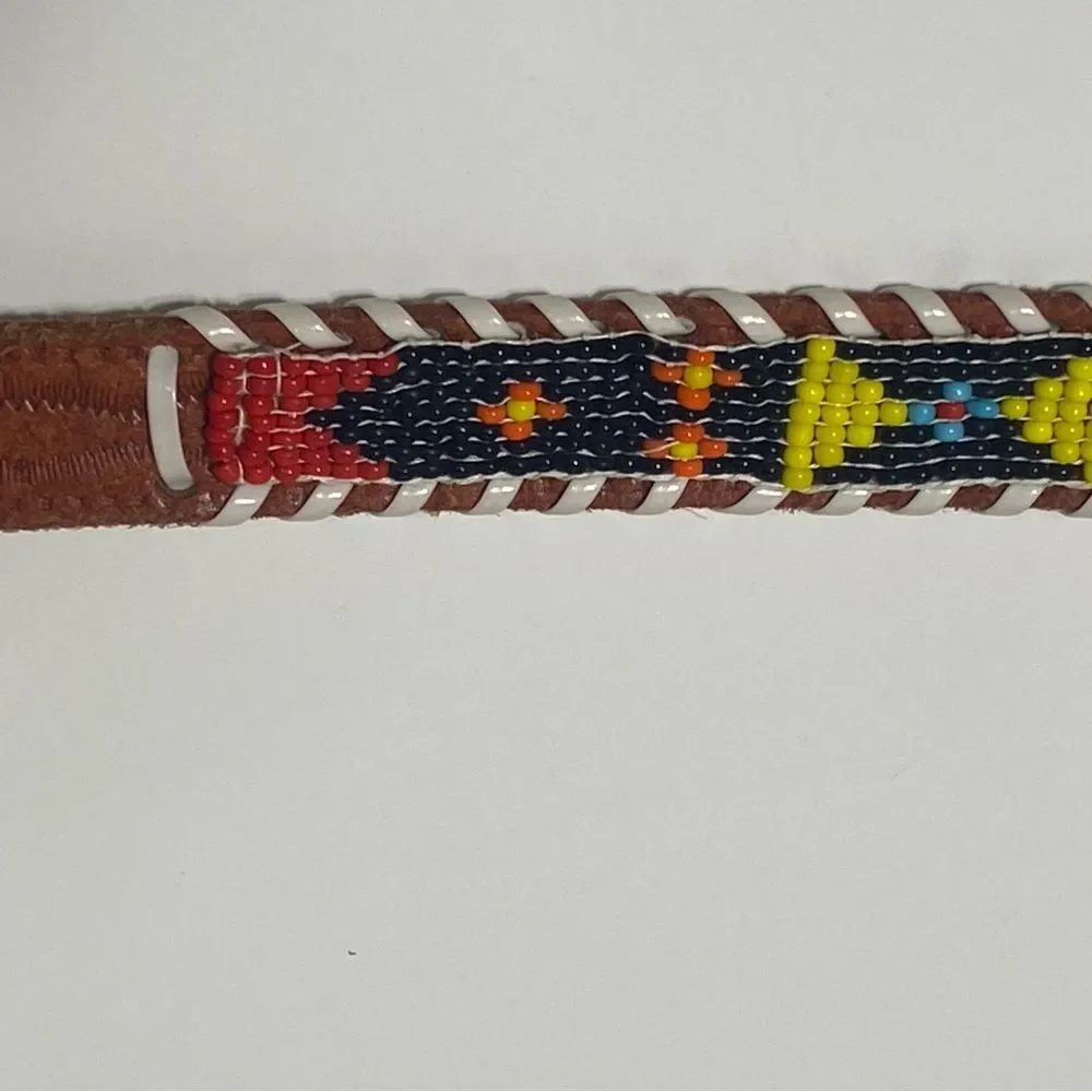 Vintage Genuine Cowhide Hand Beaded & Laced Aztec Tooled Leather Belt Size 24